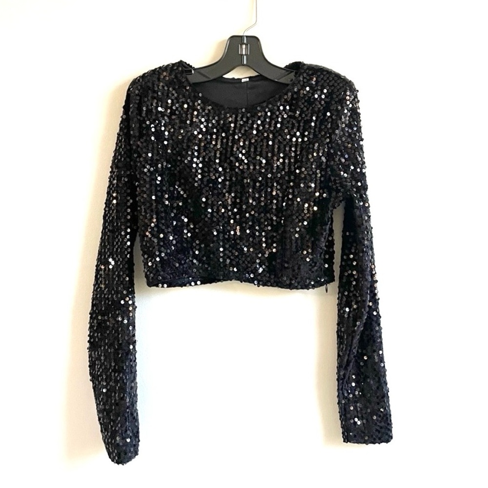 VINTAGE BLACK SEQUIN LONG SLEEVE CROP TOP SIDE ZIPPER LINED SHOULDER PADS